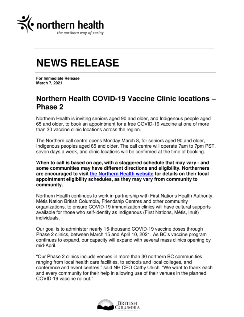 Northern Health COVID-19 Vaccine Clinic locations - Phase 2 - District ...